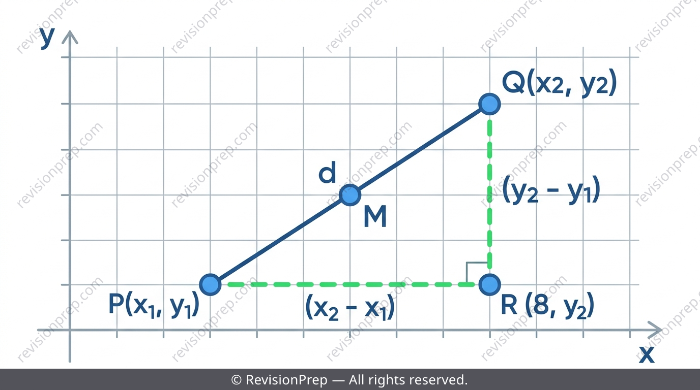 Two points on a coordinate grid with a right triangle showing horizontal and vertical distance