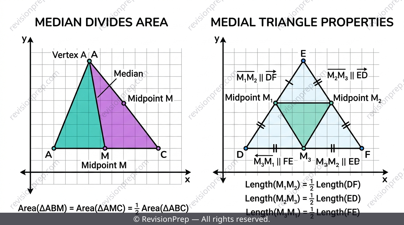 Triangle with a median drawn to a midpoint and a separate medial triangle formed from midsegments