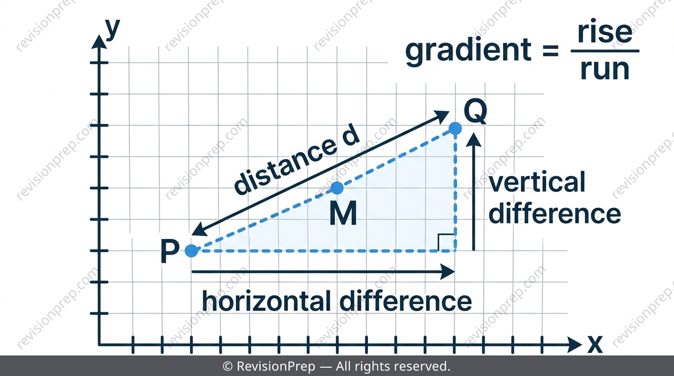 Two points on a coordinate grid with distance, midpoint and gradient labelled