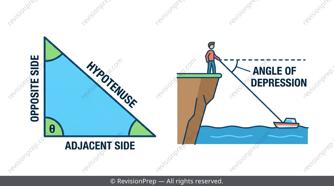 A right triangle with opposite, adjacent, hypotenuse labelled, alongside a cliff and boat elevation/depression diagram