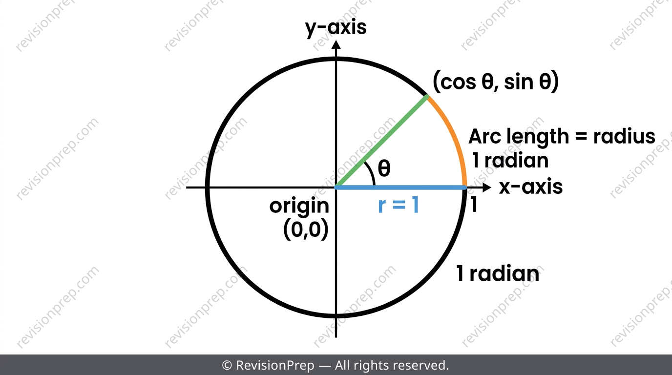 Unit circle diagram with angle theta and point (cos theta, sin theta) marked, radian arc shown