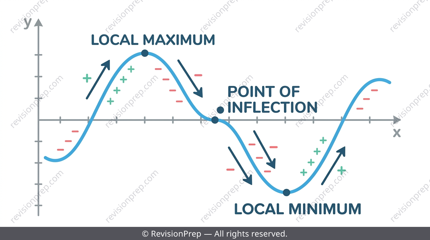 Curve with labelled local maximum, local minimum and point of inflection
