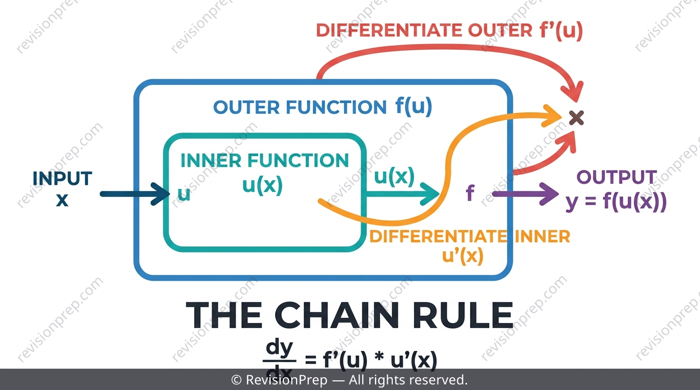 Diagram showing the structure of a composite function with inner and outer parts labelled for the chain rule