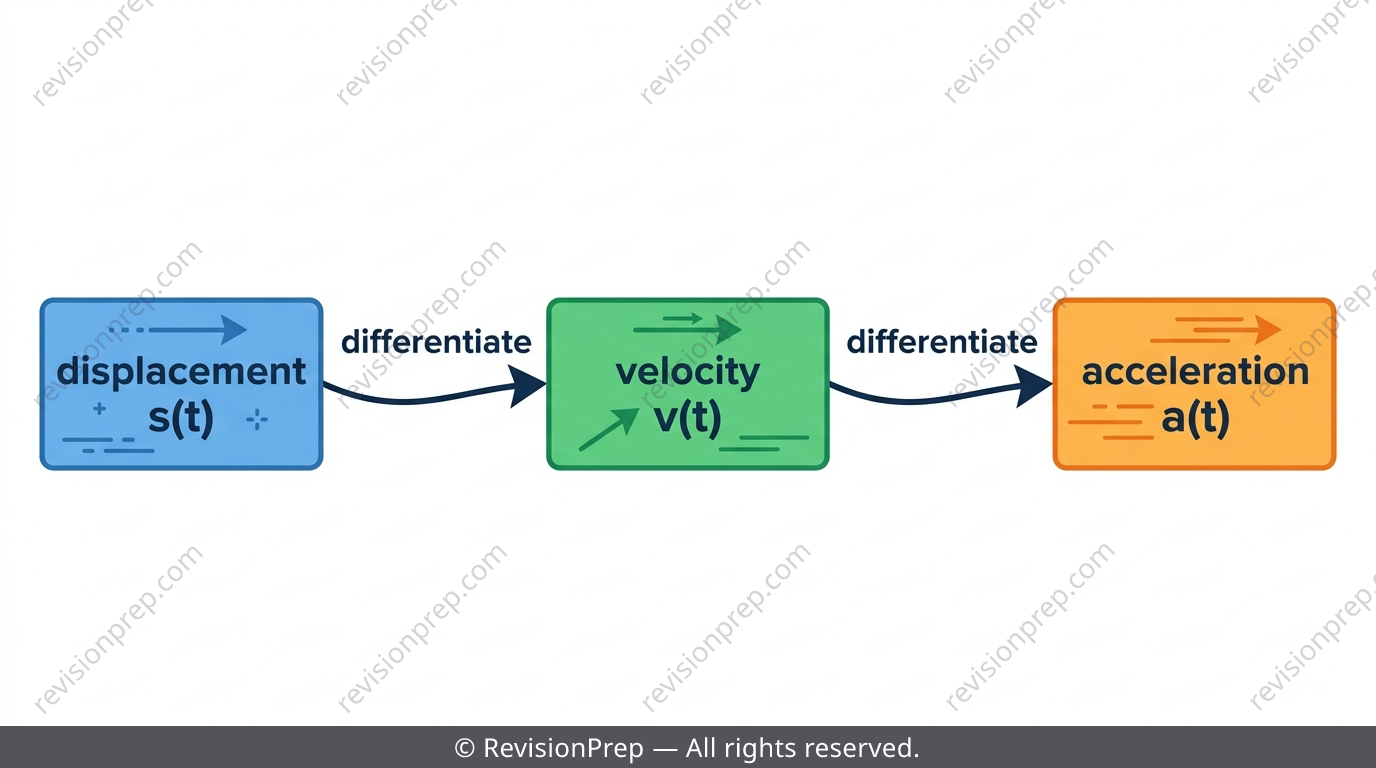 Diagram showing displacement, velocity and acceleration linked by differentiation arrows