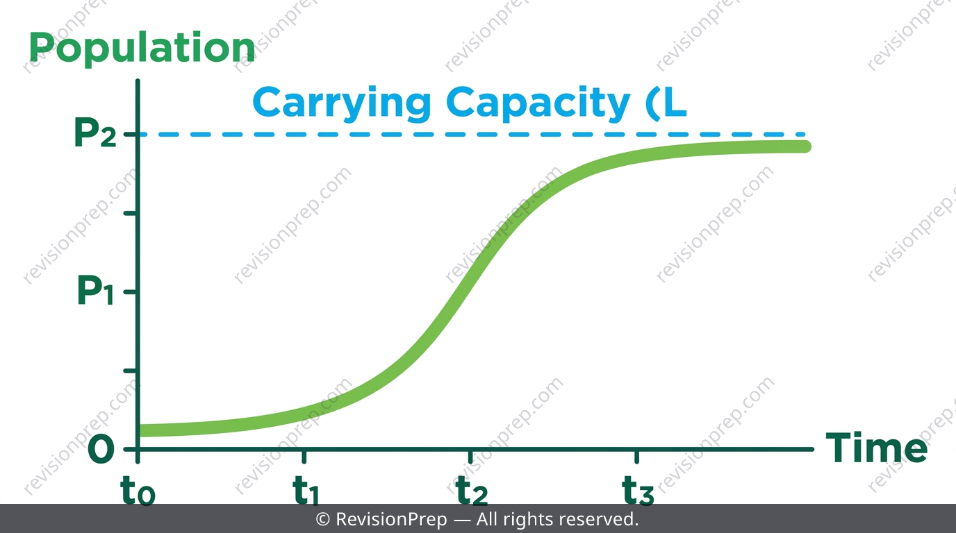 S-shaped logistic growth curve approaching a horizontal carrying capacity line
