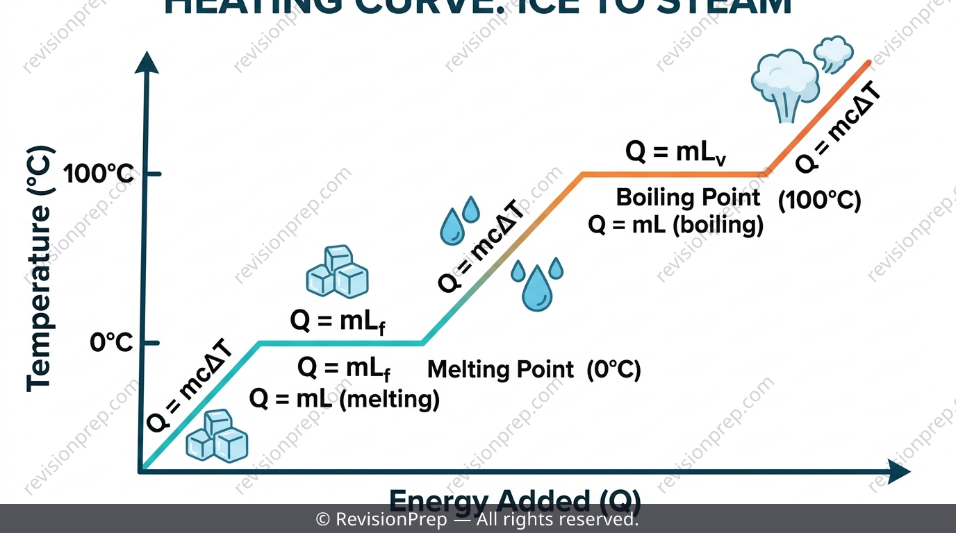 Heating curve graph showing temperature versus energy added with flat sections at melting and boiling points