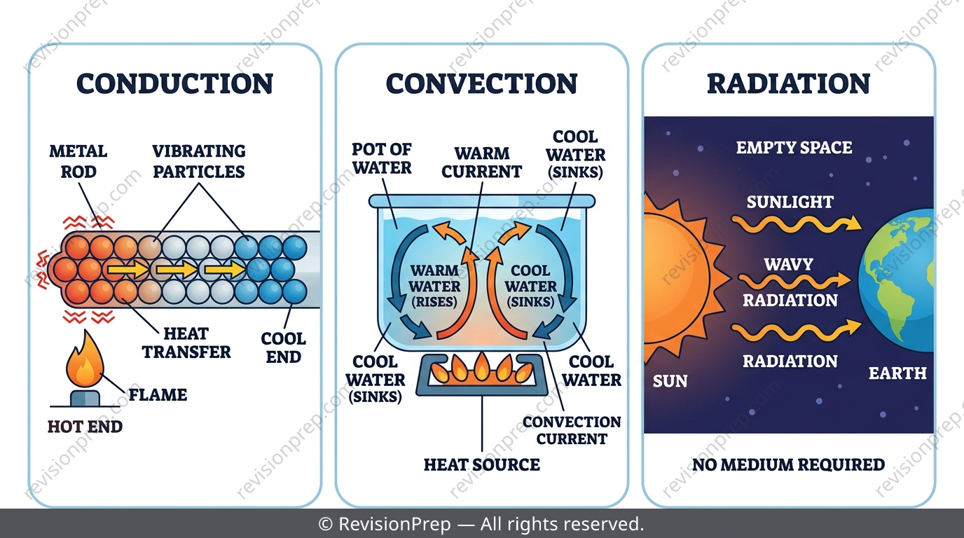 Diagram of conduction, convection and radiation with labelled arrows showing energy transfer routes