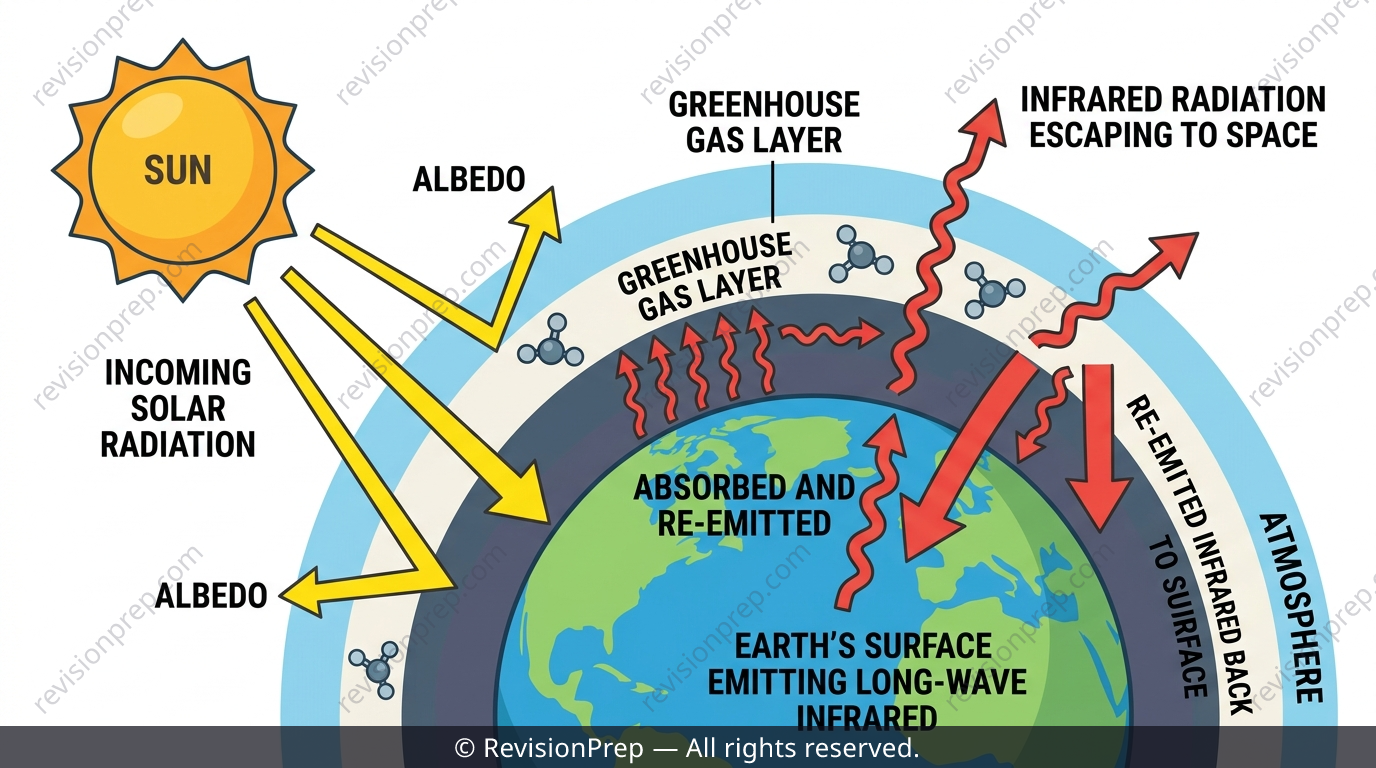 Diagram of Earth's radiative equilibrium showing incoming solar radiation, reflected radiation, outgoing infrared and greenhouse gas re-emission