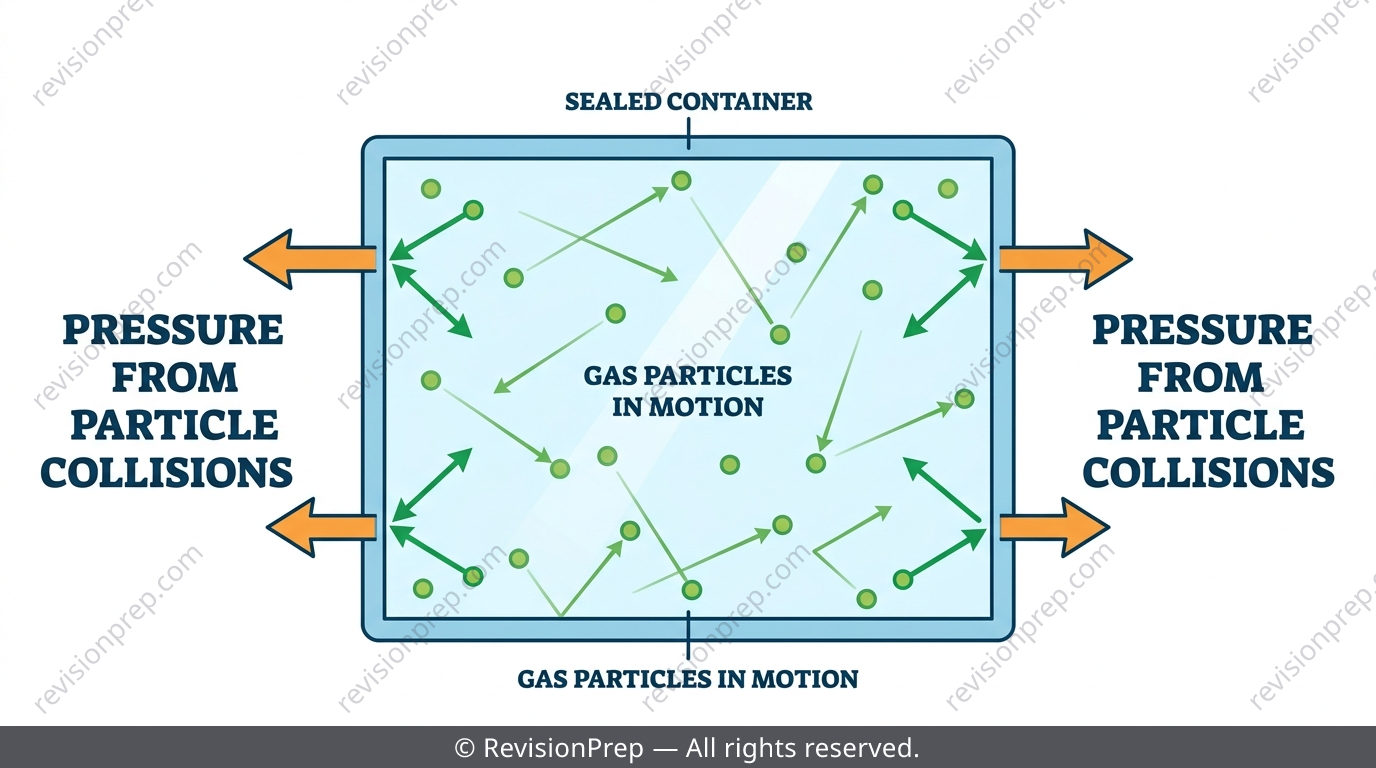Diagram of gas particles colliding with the walls of a sealed container to produce pressure