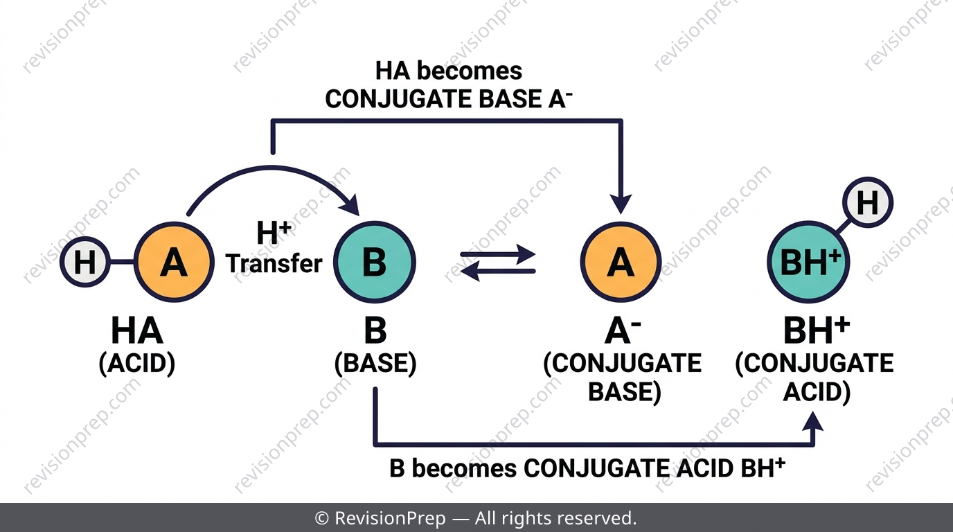 Conjugate acid-base pair diagram showing HA losing H+ to become A-