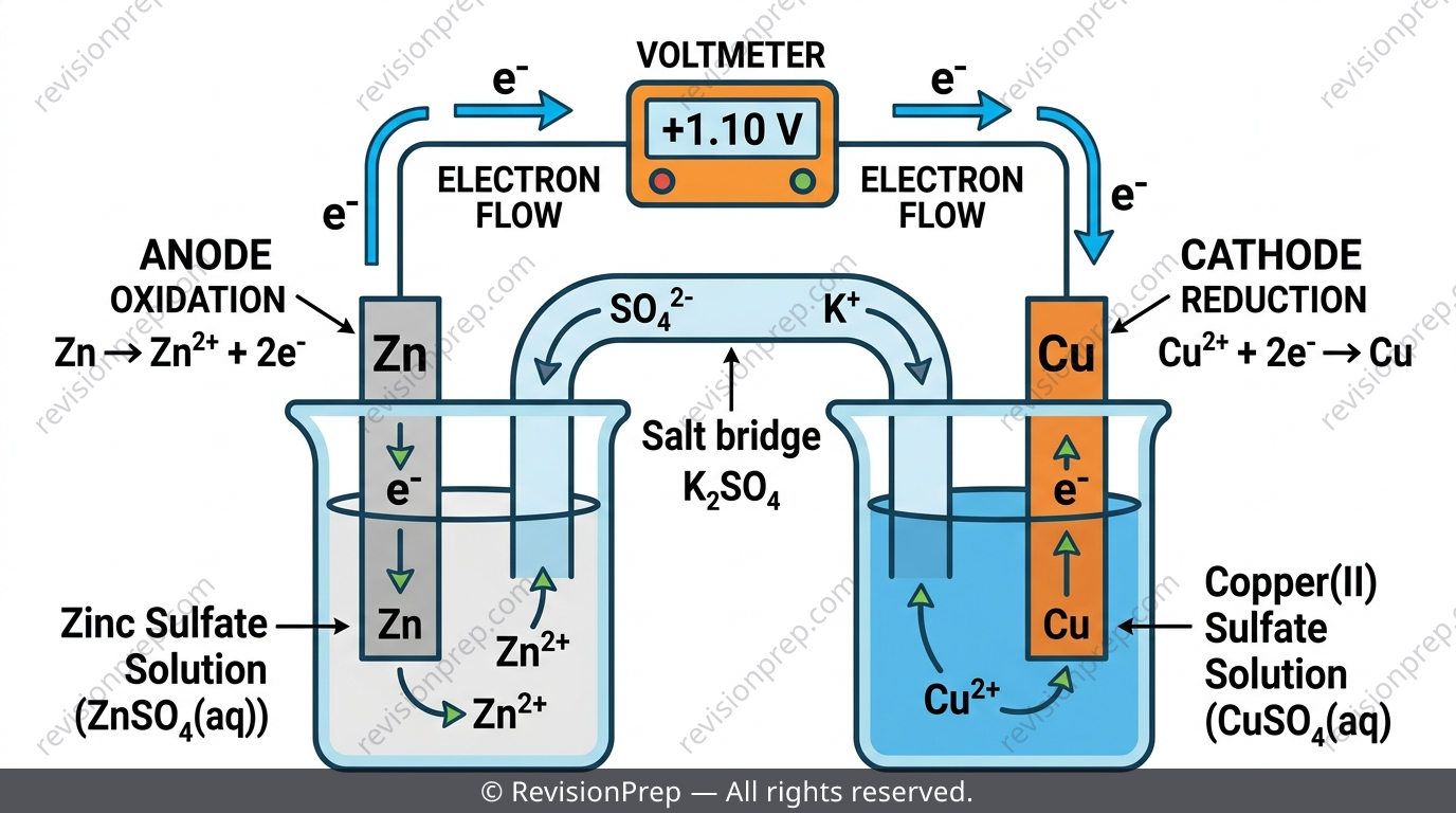 Galvanic cell diagram with anode, cathode, salt bridge and electron flow labelled