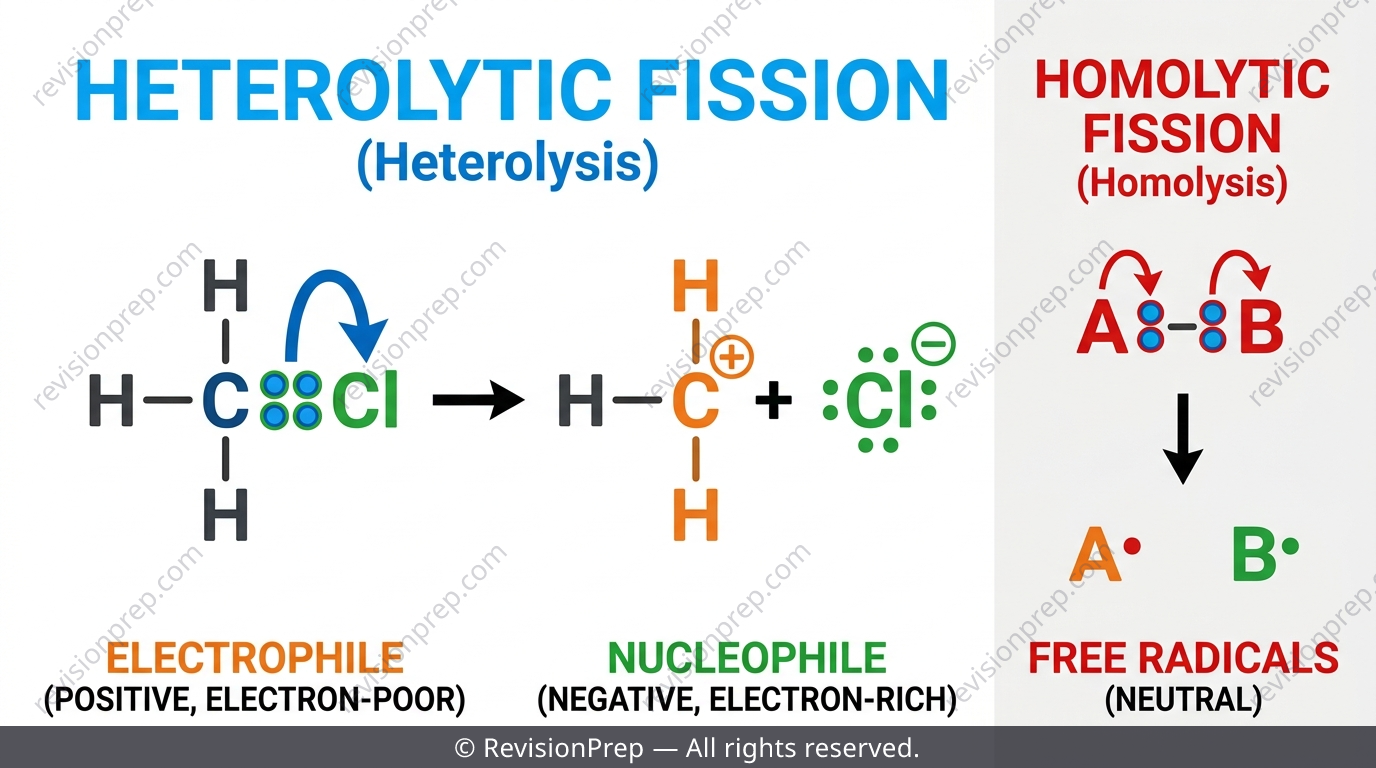 Heterolytic fission diagram showing a curly arrow moving an electron pair to one atom, forming a nucleophile and electrophile