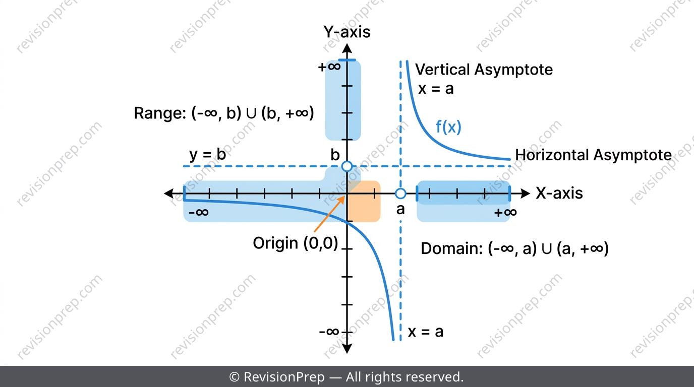 Rational function graph with vertical and horizontal asymptotes labelled with domain and range shaded