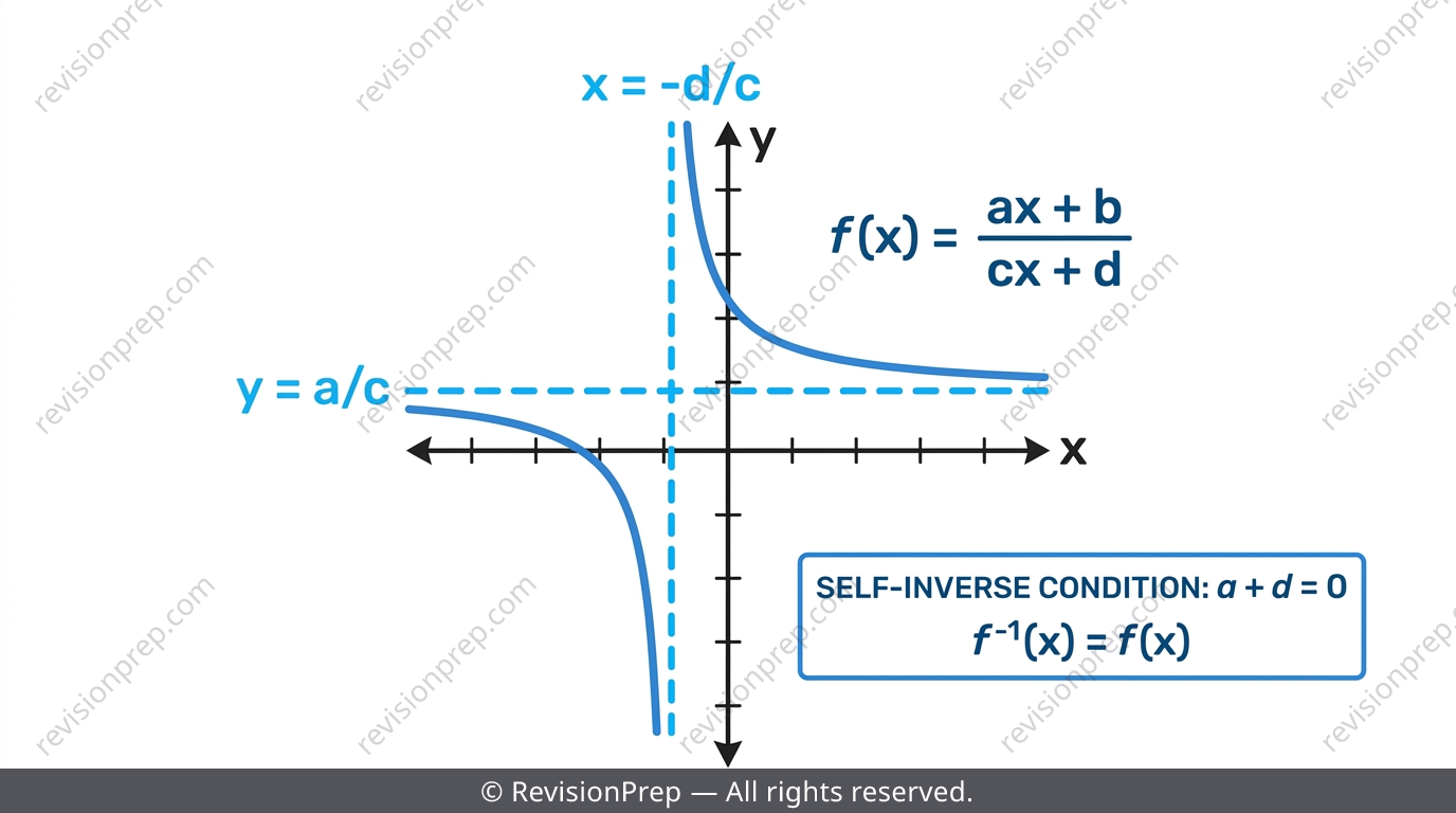 Rational function graph with asymptotes and a highlighted self-inverse condition