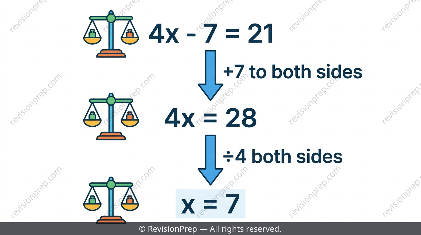 Step-by-step solving of 4x minus 7 equals 21