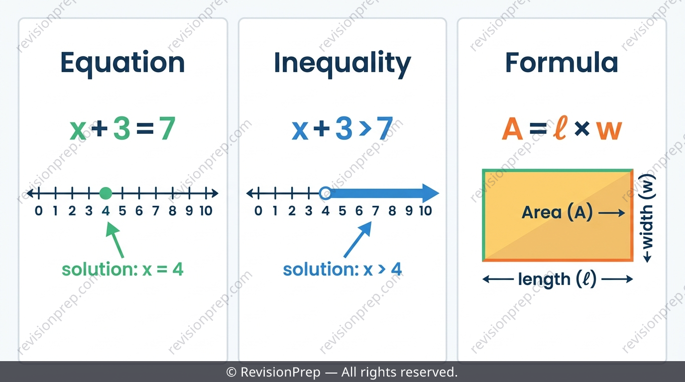 Three panels comparing an equation, an inequality and a formula