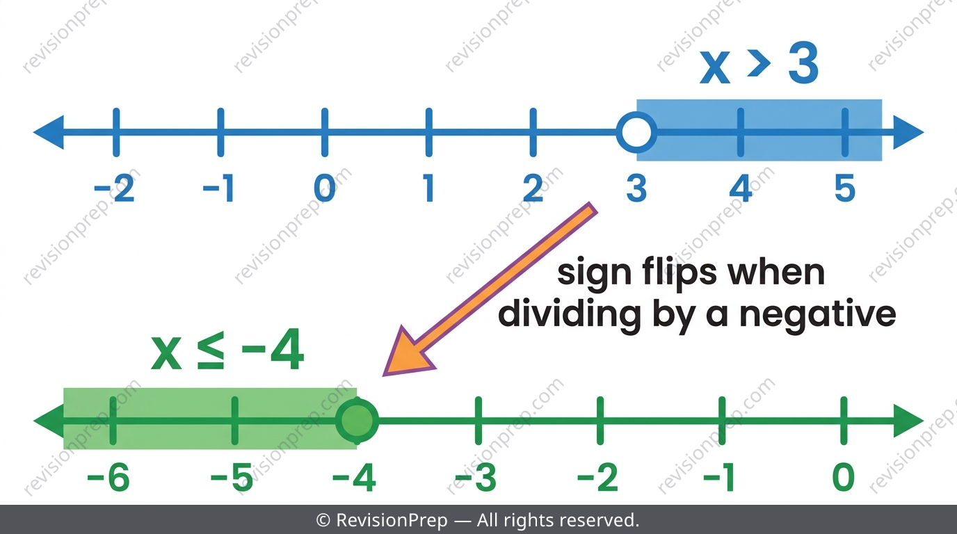 Number line showing open circle at 3 with shading right and closed circle at -4 with shading left
