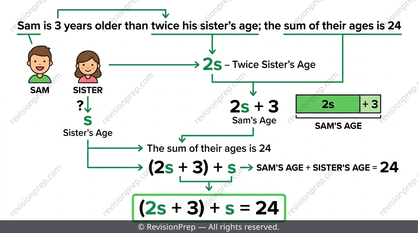 Word problem being translated step by step into an algebraic equation