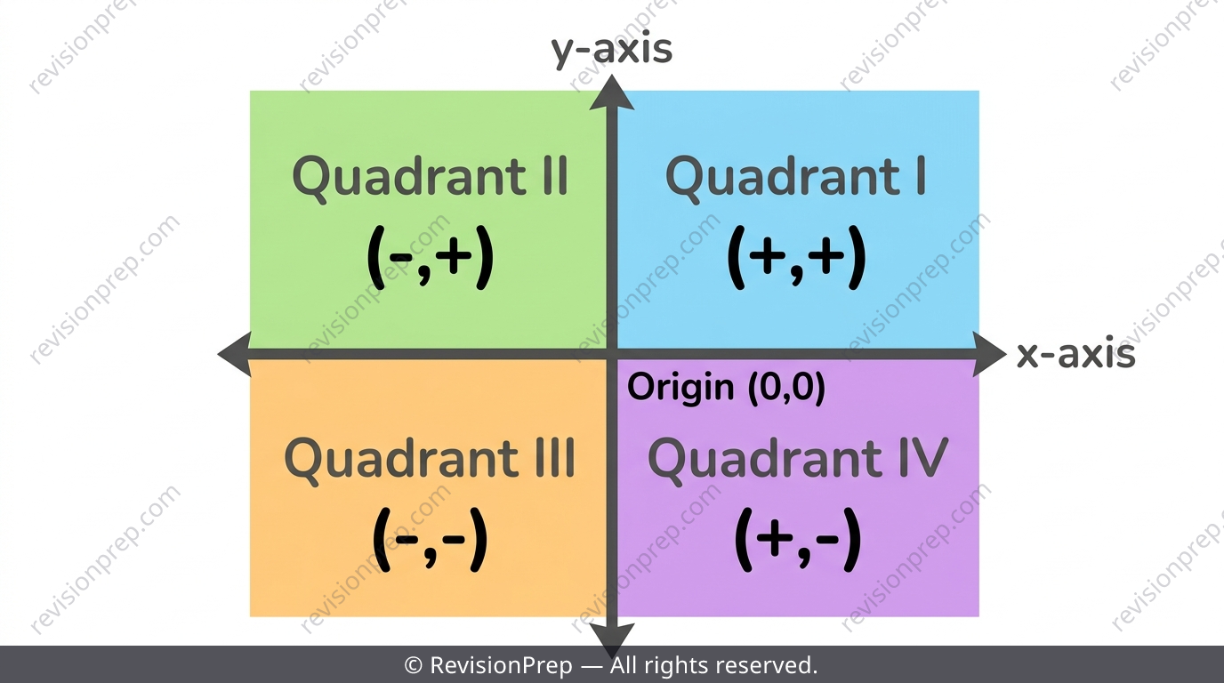 Cartesian plane with quadrants I, II, III, IV labelled and their sign patterns