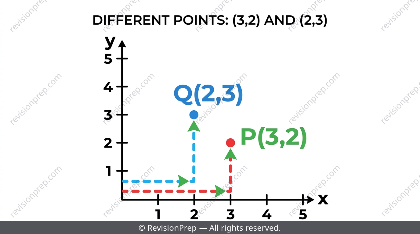 Two different points (3,2) and (2,3) on a Cartesian plane showing order matters