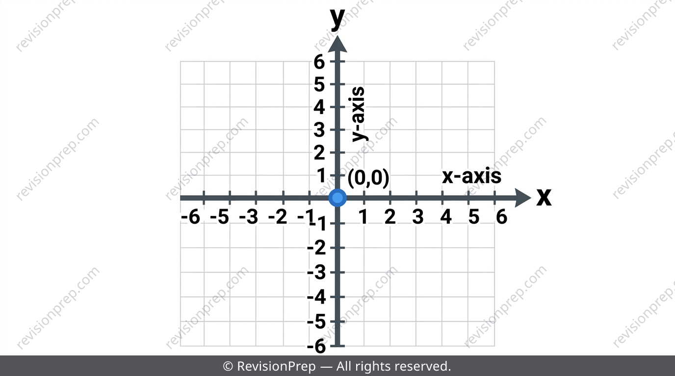 Labelled x-axis, y-axis and origin on a Cartesian plane