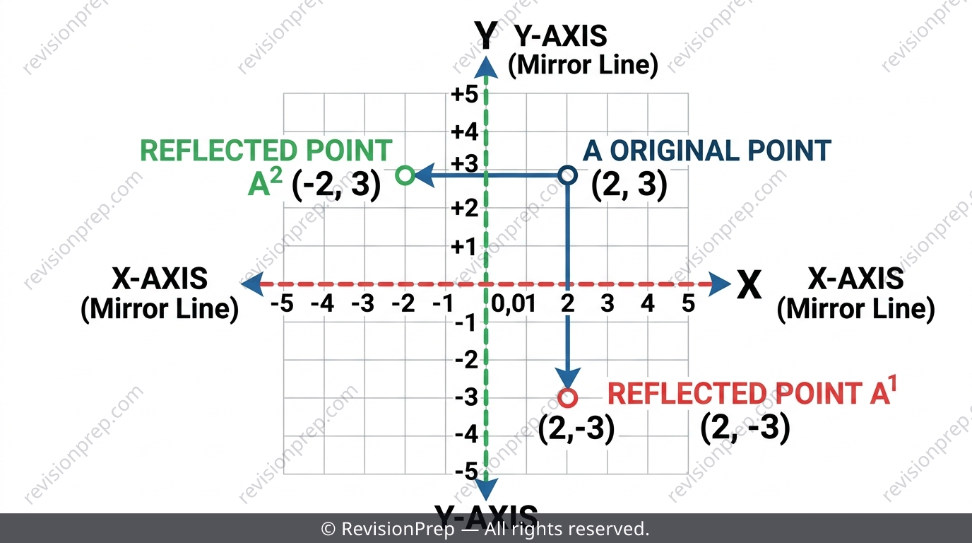 Point (2,3) reflected across the x-axis to (2,-3) and across the y-axis to (-2,3)