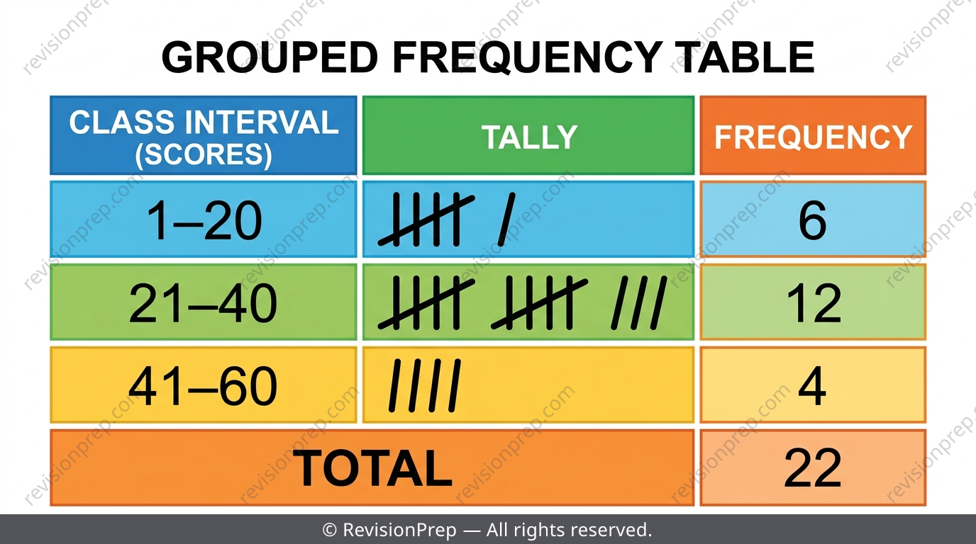 Grouped frequency table for test scores with class intervals 1-20, 21-40, 41-60