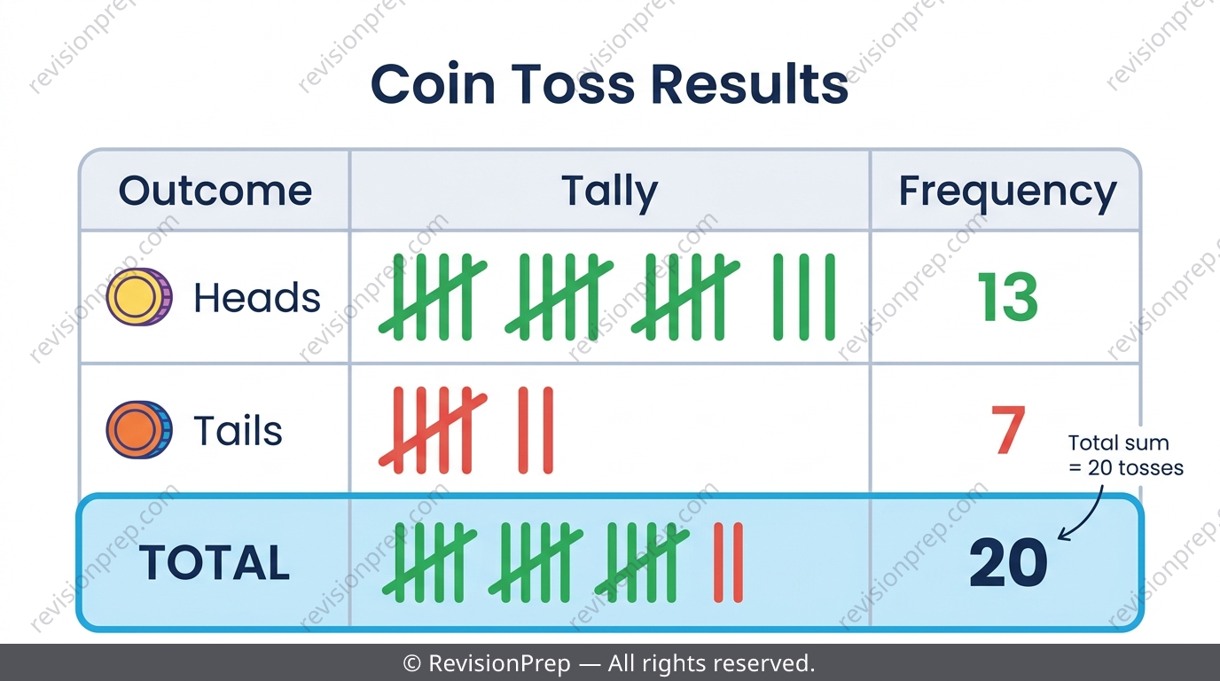 Tally chart with bundles of five strokes next to a frequency table with a checked total row