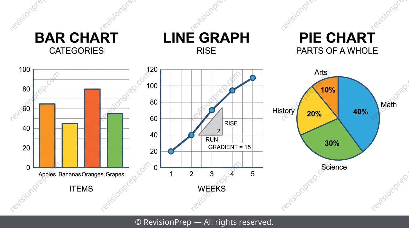 Side-by-side bar chart with gapped bars, line graph with a rising line, and pie chart with proportional slices