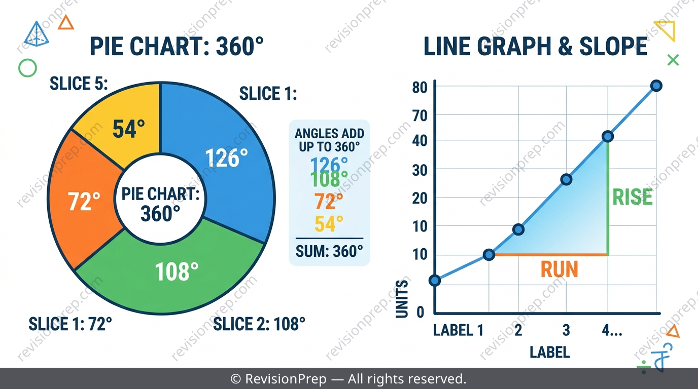 Pie chart with four sector angles summing to 360 degrees, and a line graph gradient triangle showing rise over run