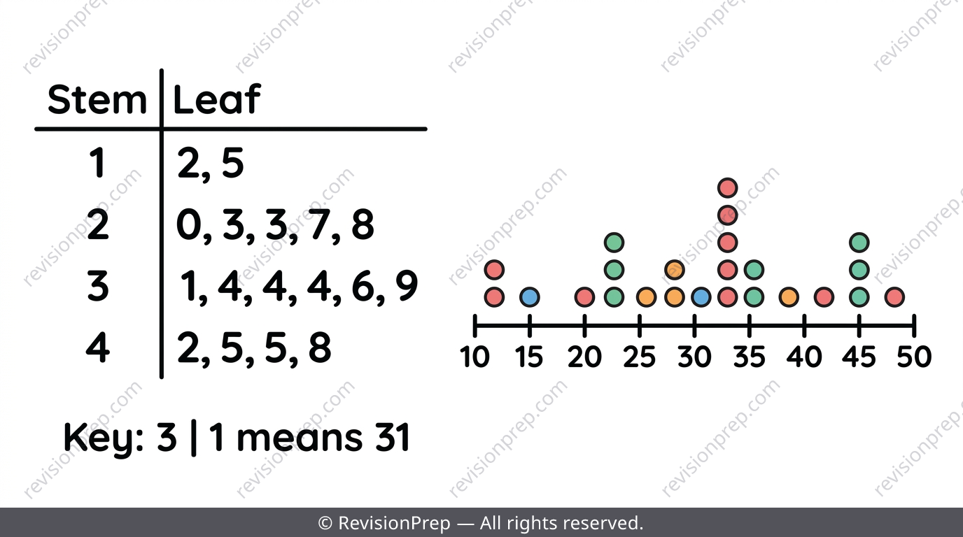 Stem-and-leaf diagram with ordered leaves, a key statement, and a dot plot showing stacked dots above a number line