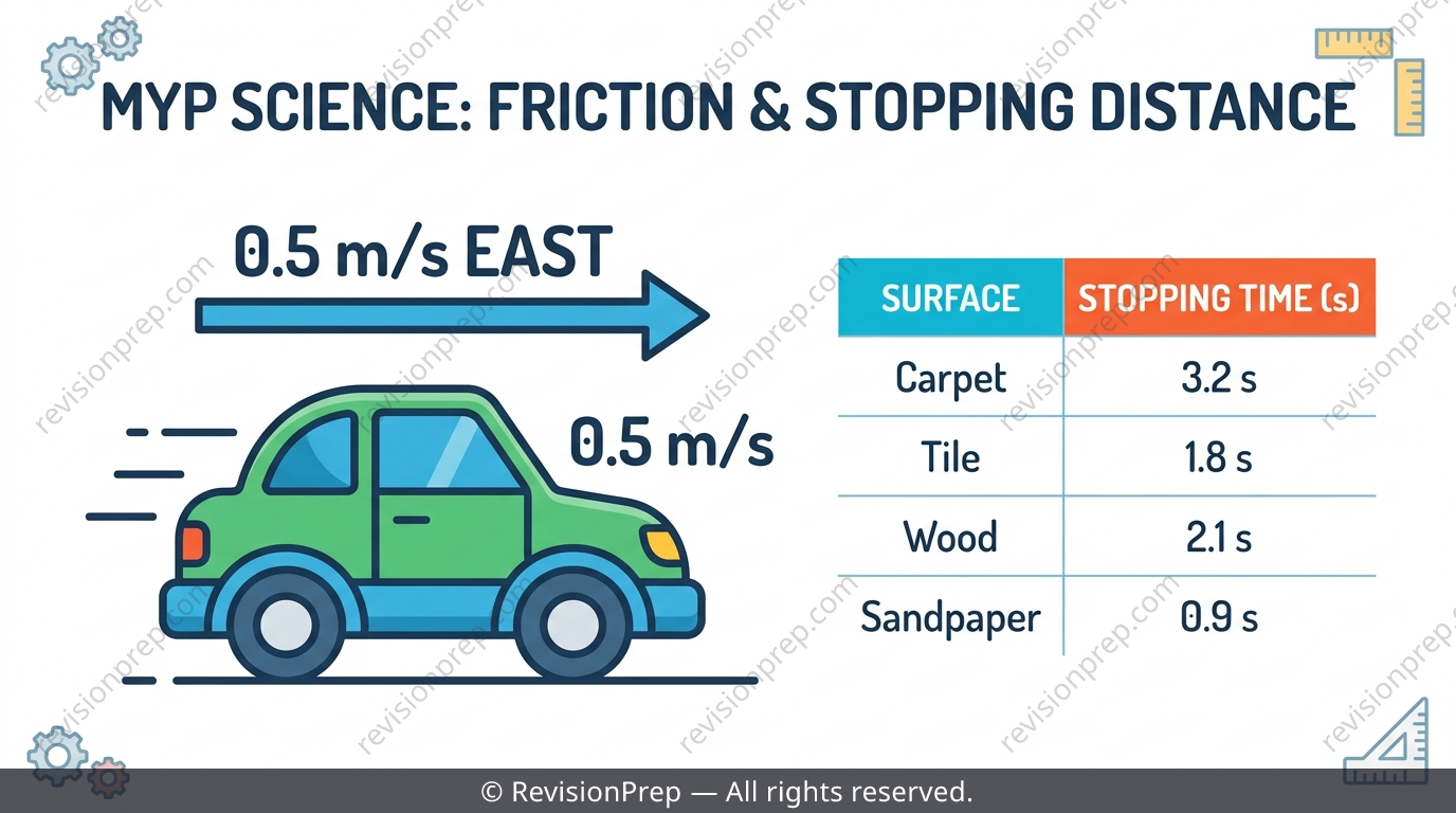 A toy car labelled with speed, velocity and acceleration arrows and a data table of stopping times on four surfaces