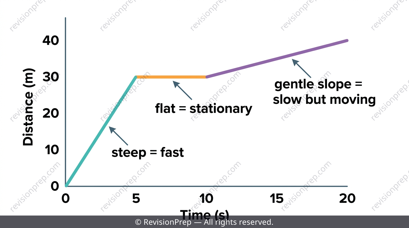 Distance-time graph with three labelled sections: steep, flat, and gentle slope
