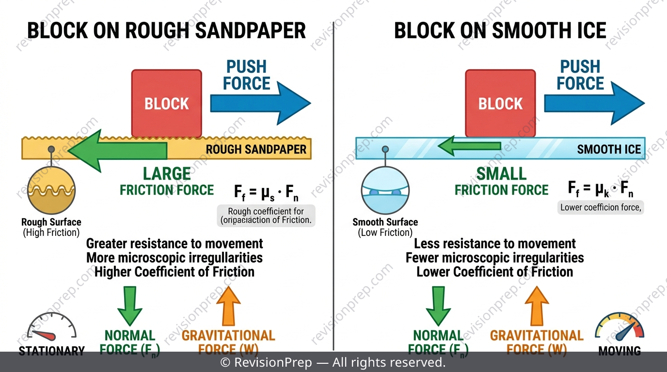 Two surfaces, sandpaper and ice, each with a block being pushed, showing friction arrows of different sizes