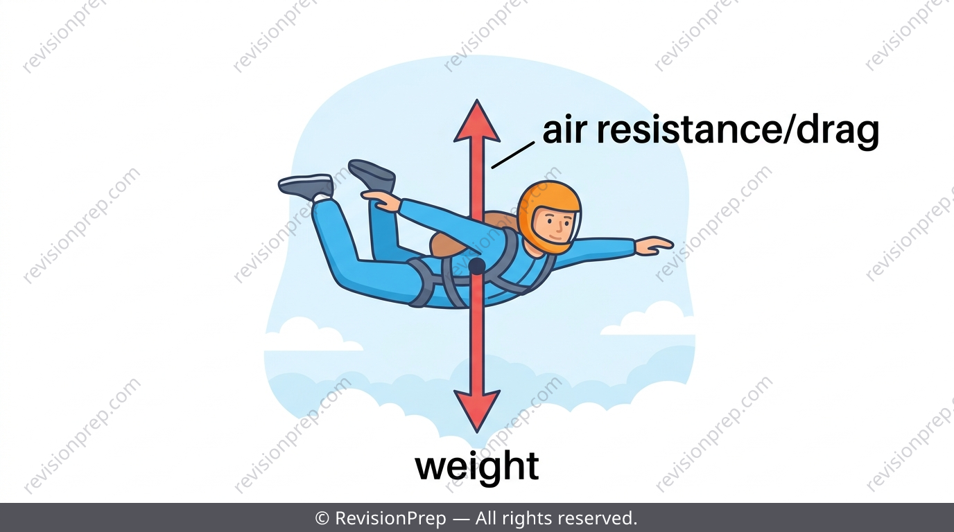 Skydiver falling at constant speed with equal-length upward drag arrow and downward weight arrow labelled balanced forces