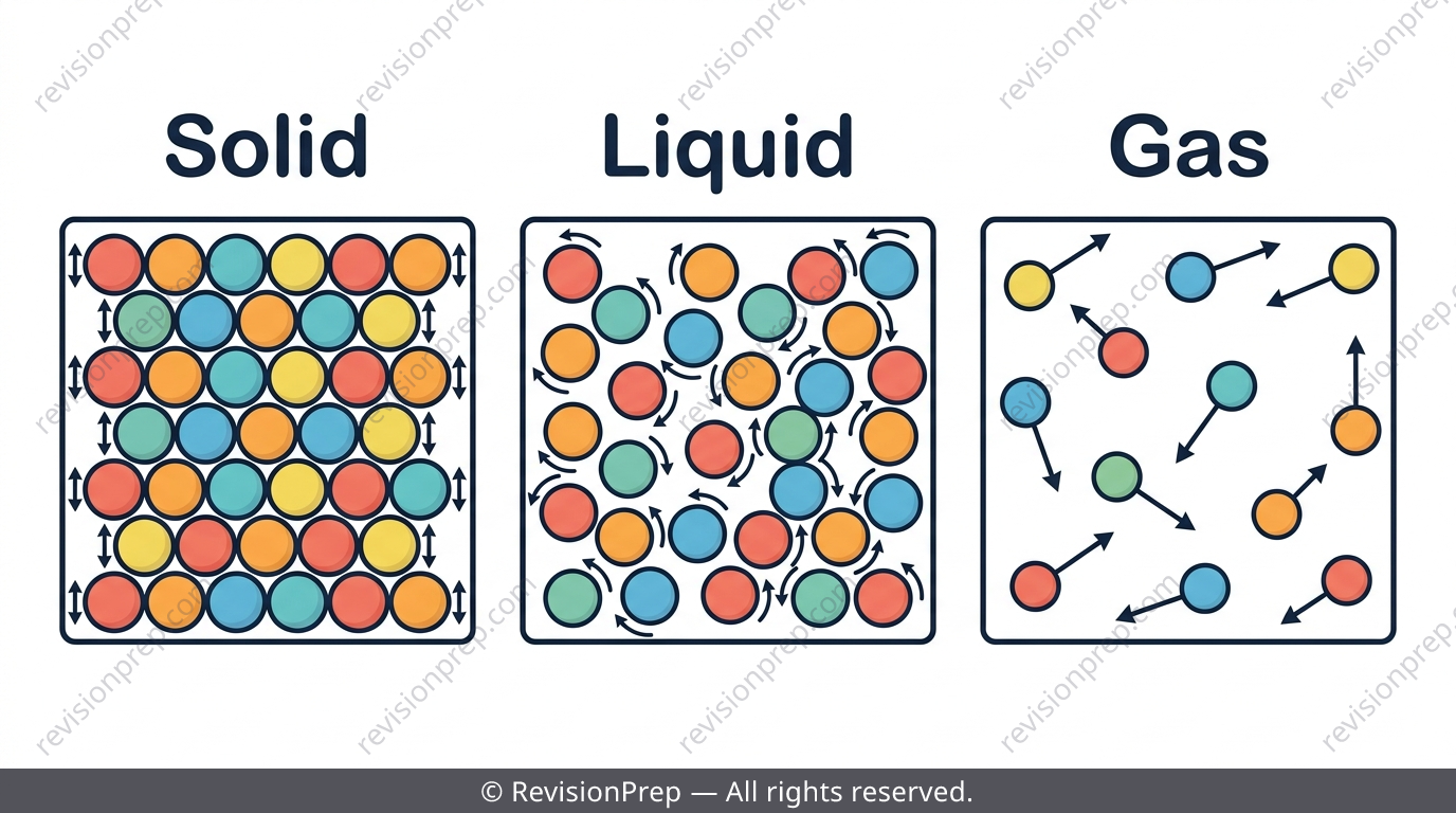 Three boxes comparing particle spacing and motion in solids, liquids and gases