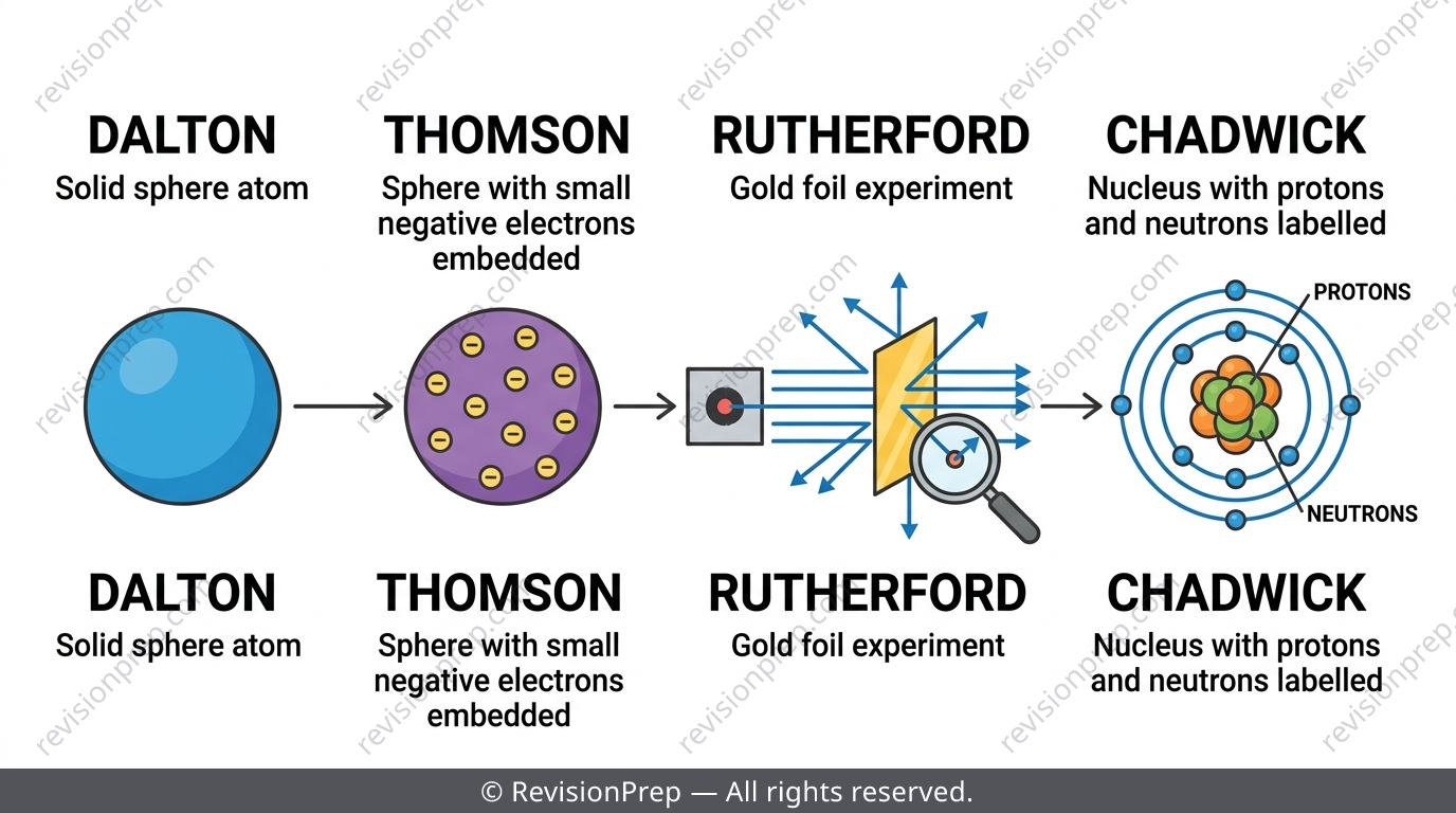 Timeline of atomic model development from Dalton to Chadwick