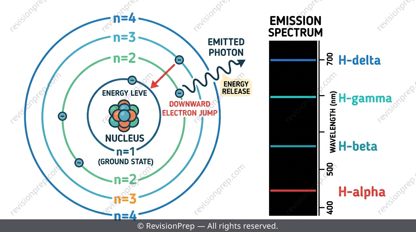 Line emission spectrum next to an atom showing an electron transition between energy levels