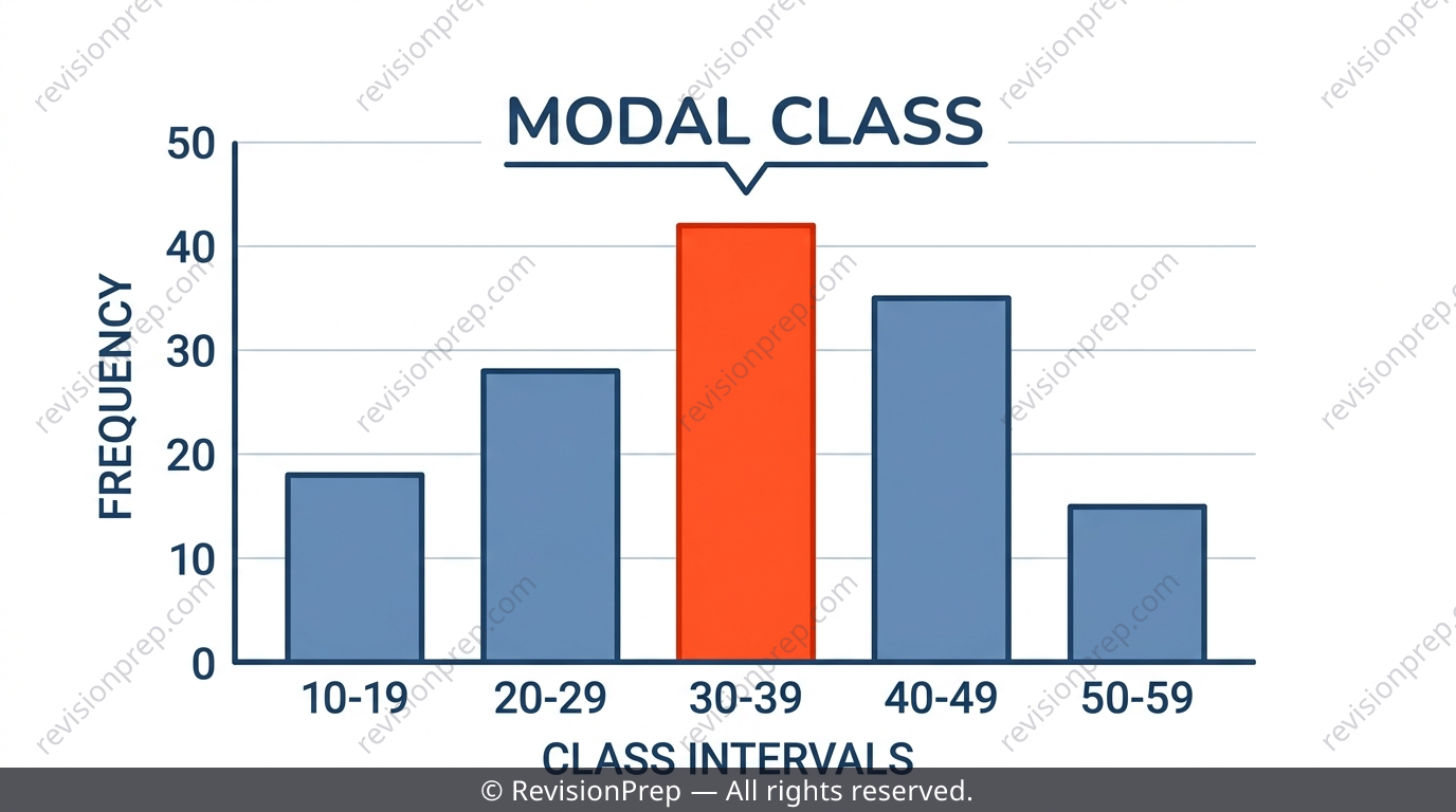 Bar chart of grouped frequencies with the tallest bar highlighted and labelled modal class