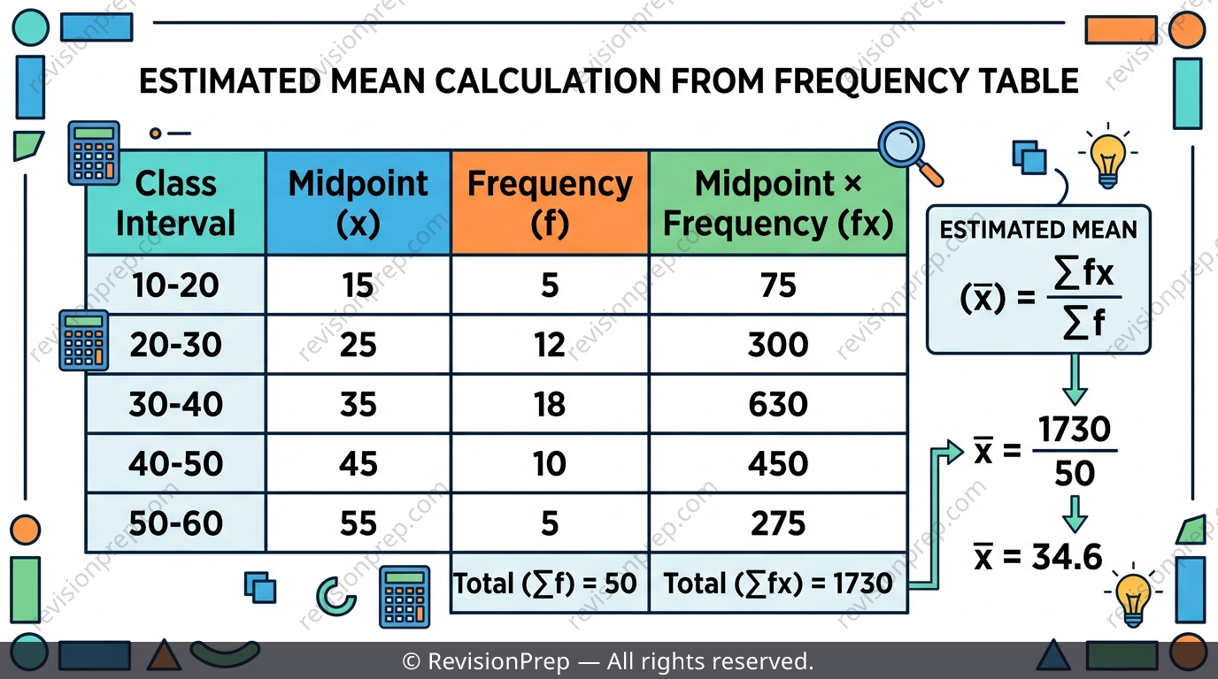 Frequency table with columns for midpoint, frequency and midpoint×frequency, leading to a mean calculation