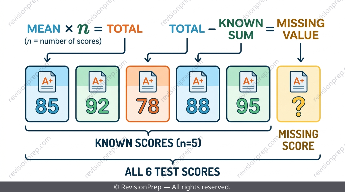 Six test score boxes with five filled in and one marked as unknown x, with the mean and total shown above