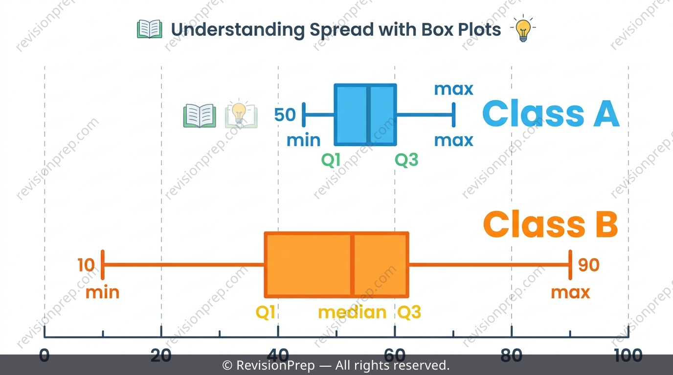 Two box plots with the same median line but different whisker lengths showing different spread