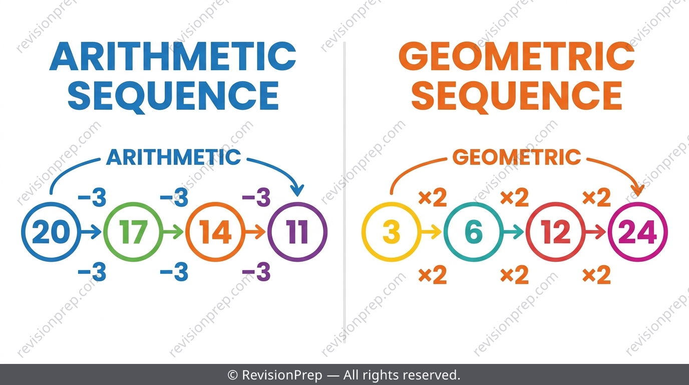 Two sequences side by side, one arithmetic with subtraction arrows and one geometric with division arrows