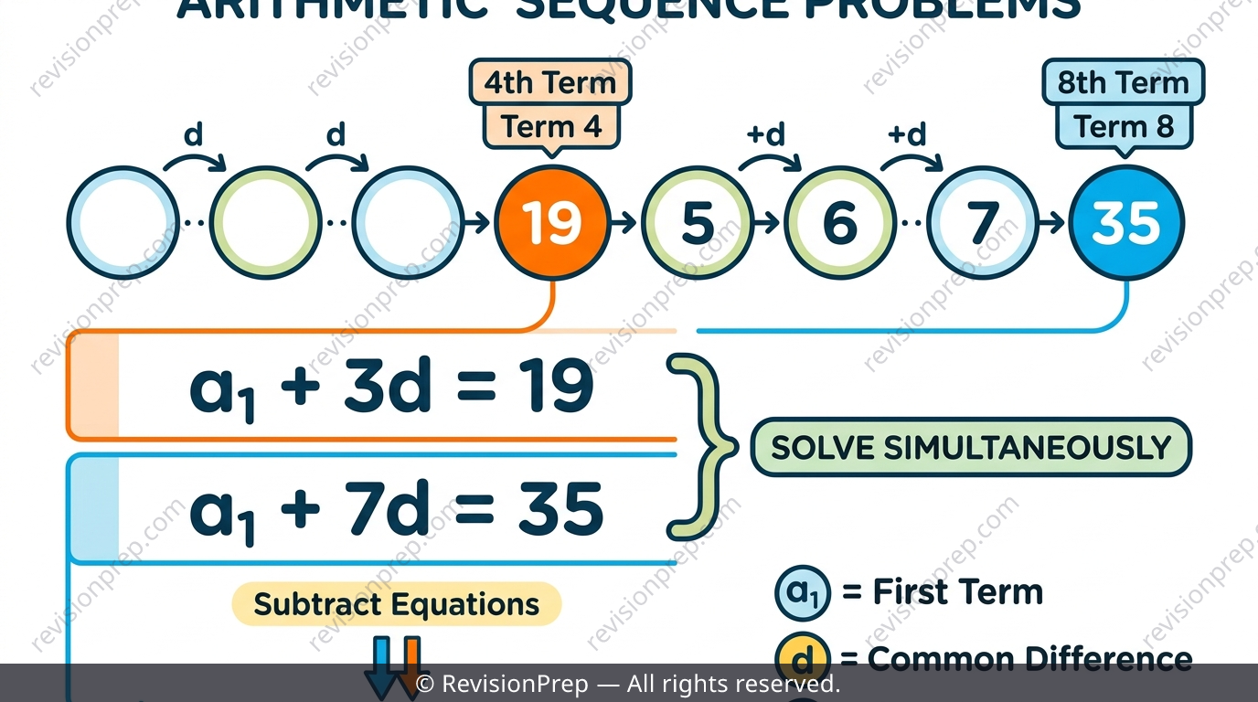 Two simultaneous equations derived from the 4th and 8th terms of a sequence, solved for a1 and d