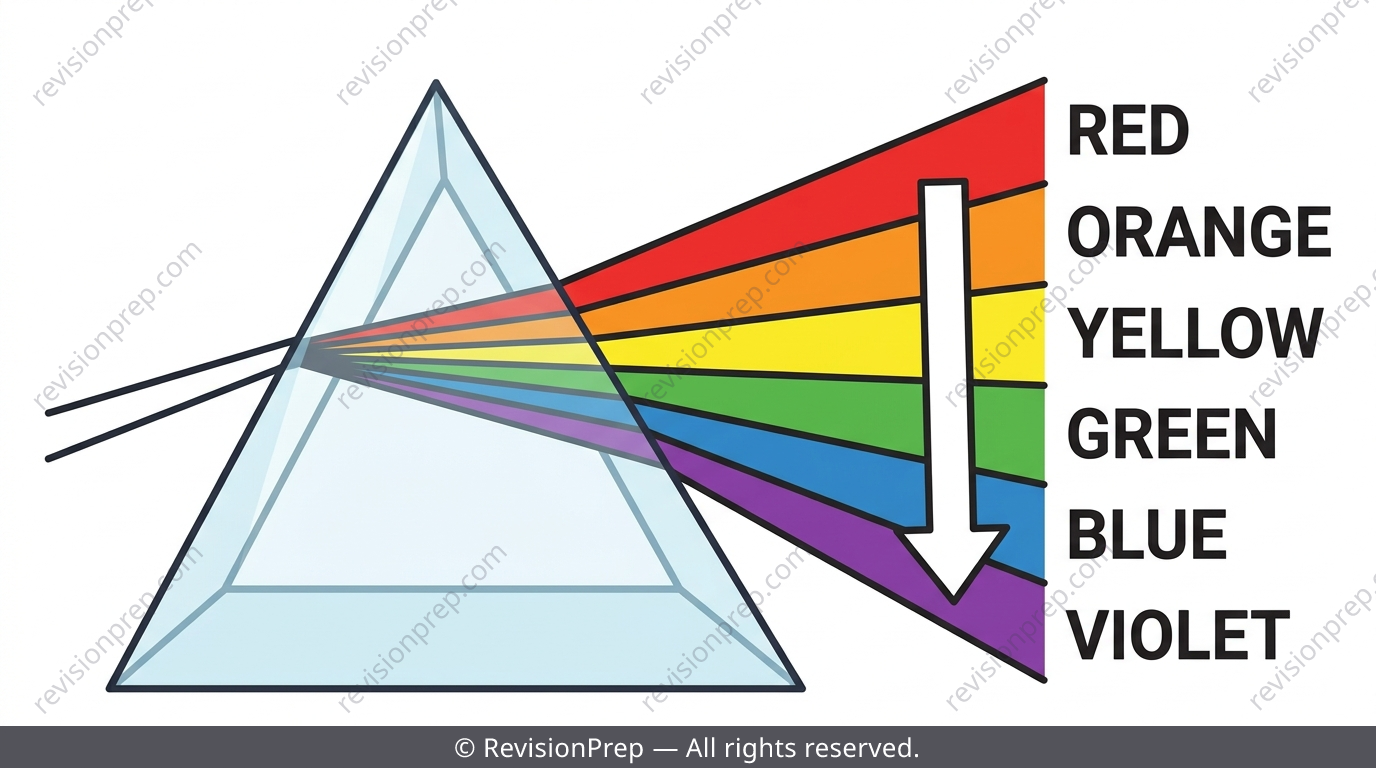 Prism dispersing white light into a visible spectrum with wavelength labels