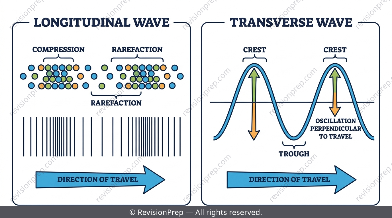 Diagram comparing longitudinal sound wave particles and transverse light wave oscillation