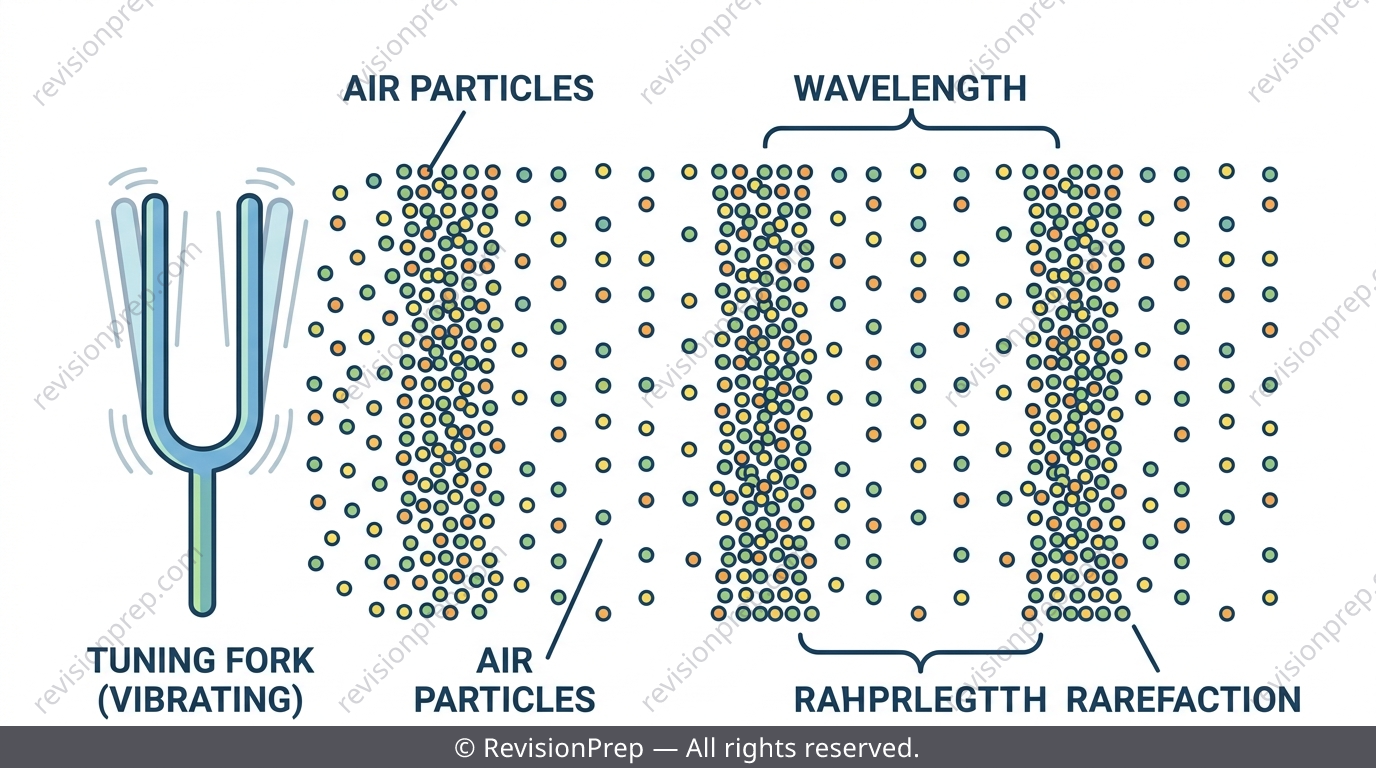 Vibrating tuning fork producing compressions and rarefactions in air particles