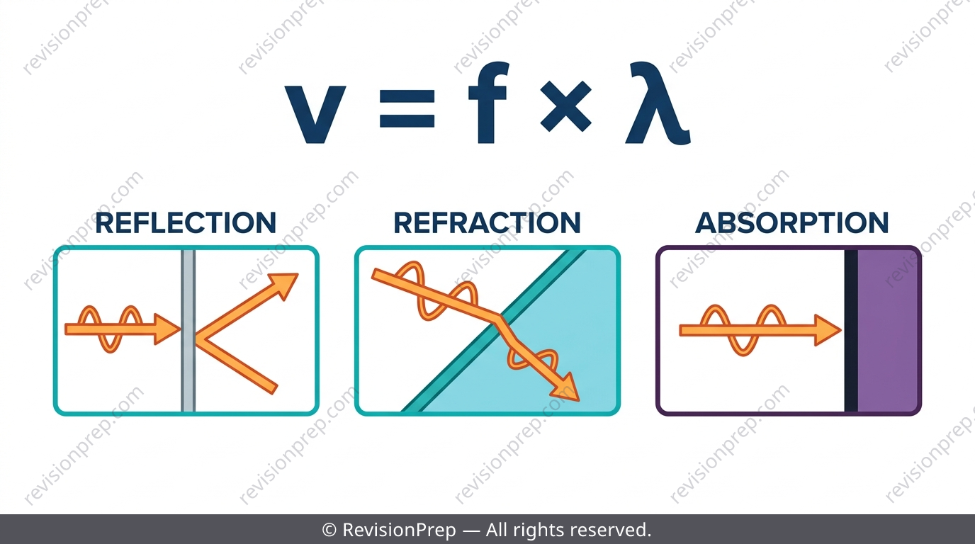 Diagram showing wave speed equation and three boundary behaviours: reflection, refraction, absorption