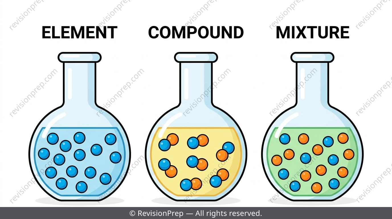 Three flasks showing an element, a compound and a mixture at particle level