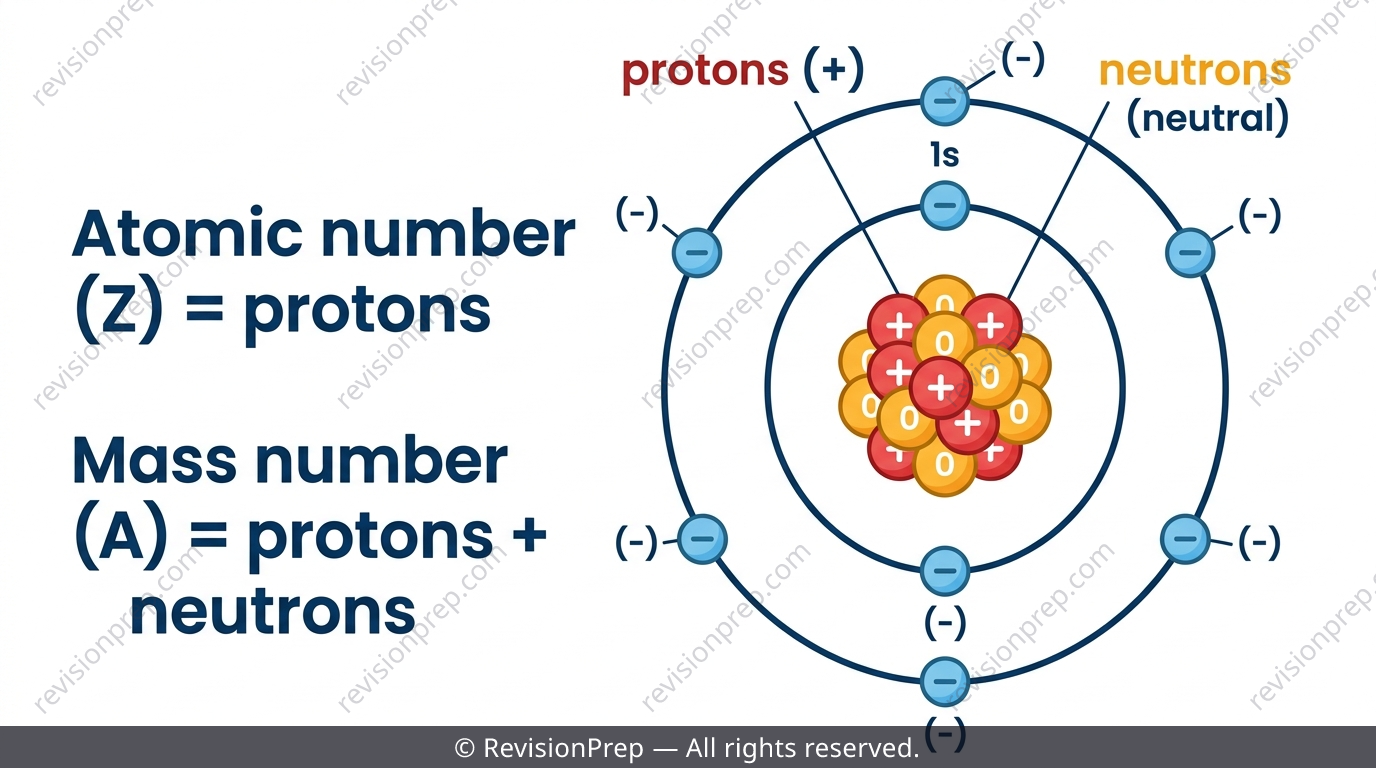 Labelled diagram of an atom showing nucleus, protons, neutrons and electron shells